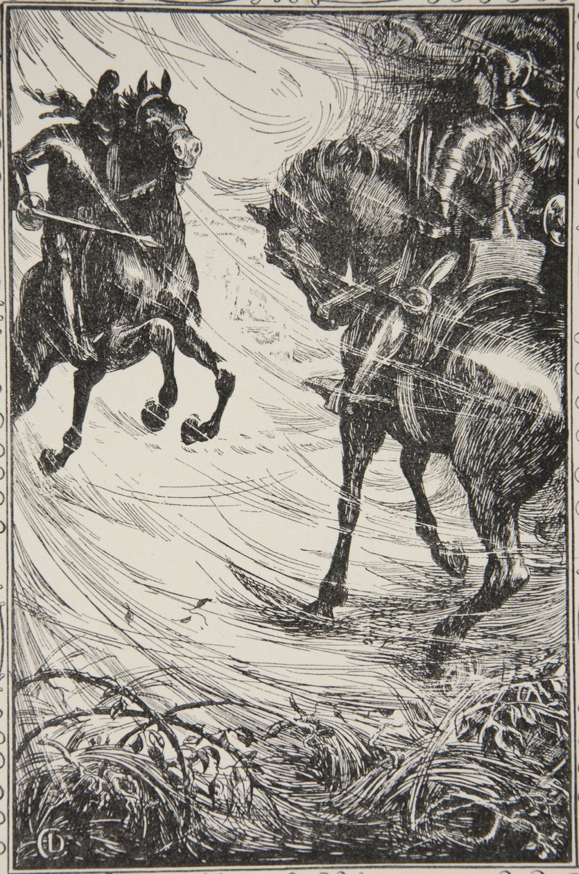 Kipeä oli kilpailu, kuvitus Beatrice Clayn tarinasta Kuningas Arthurin ja pyöreän pöydän tarinat, 1. painos, 1905 tekijältä Dora Curtis