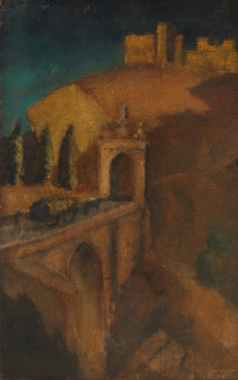 Vuoristomaisema sillalla (verso), n. 1910 (öljy kankaalle) tekijältä Dora (attr. to) Carrington