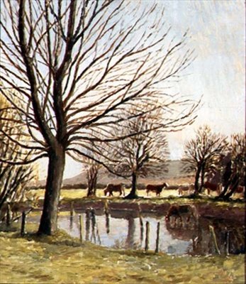 Karja lammen rannalla (öljy kankaalle) tekijältä Dora Carrington