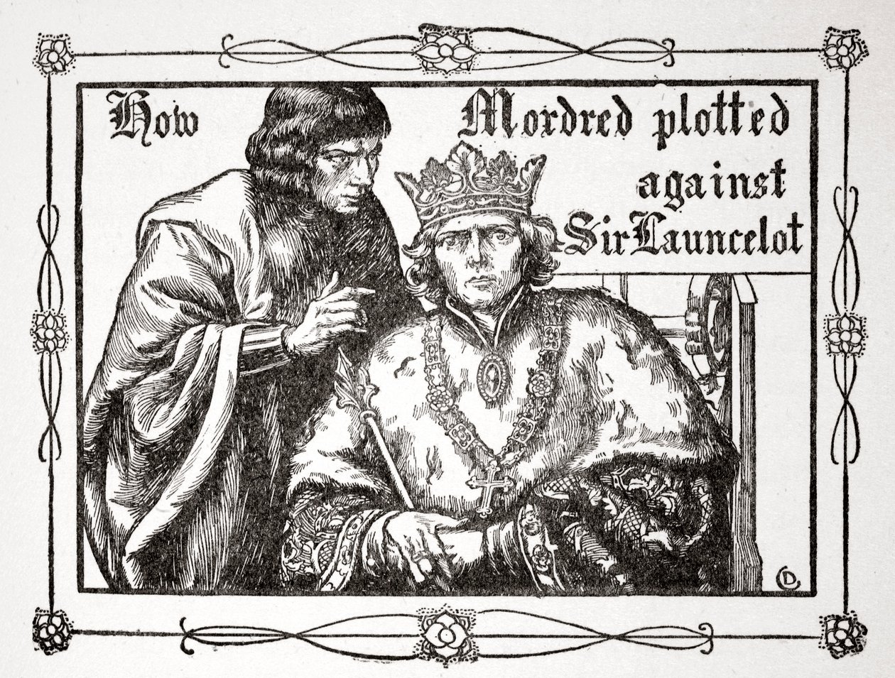 "Kuinka Mordred juoni Sir Launcelotia vastaan", 1905. tekijältä Dora Curtis
