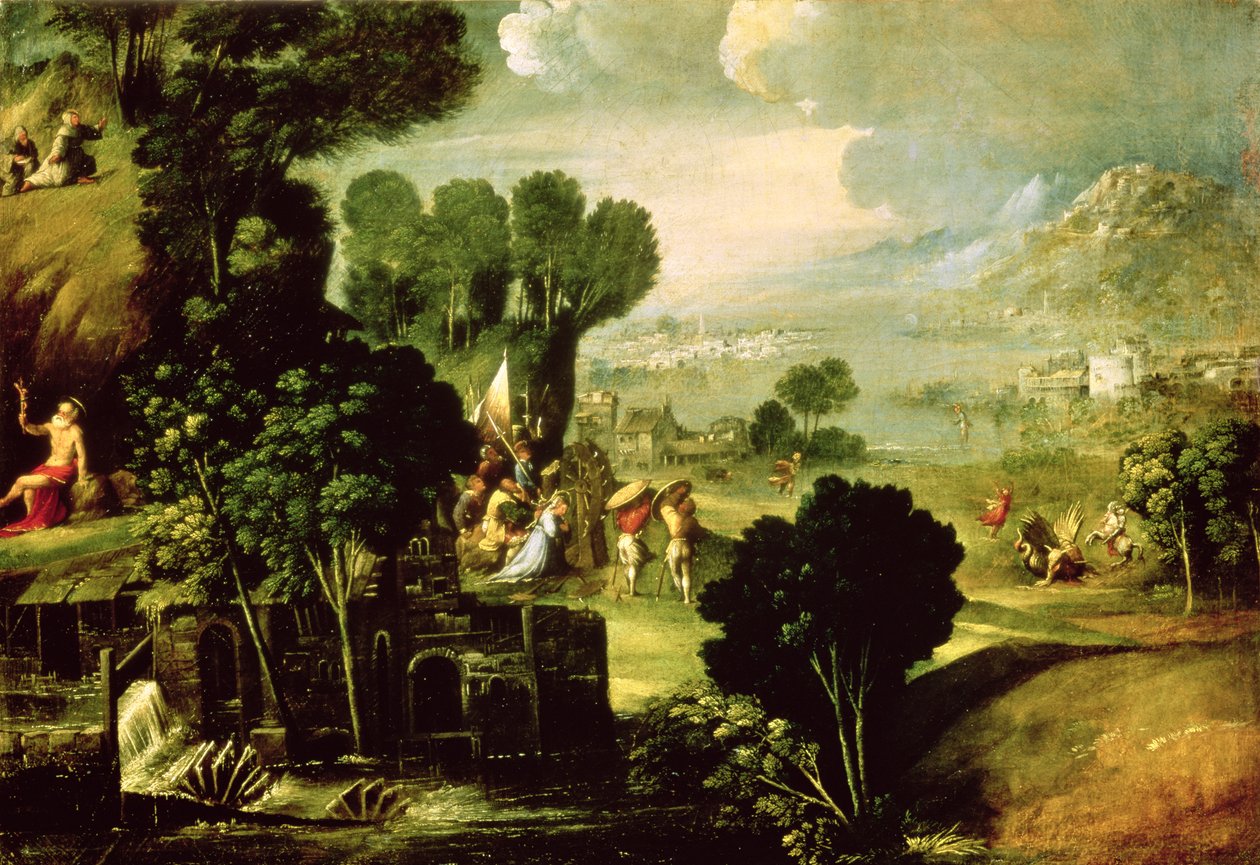 Maisema pyhien kanssa, 1520-30 tekijältä Dosso Dossi