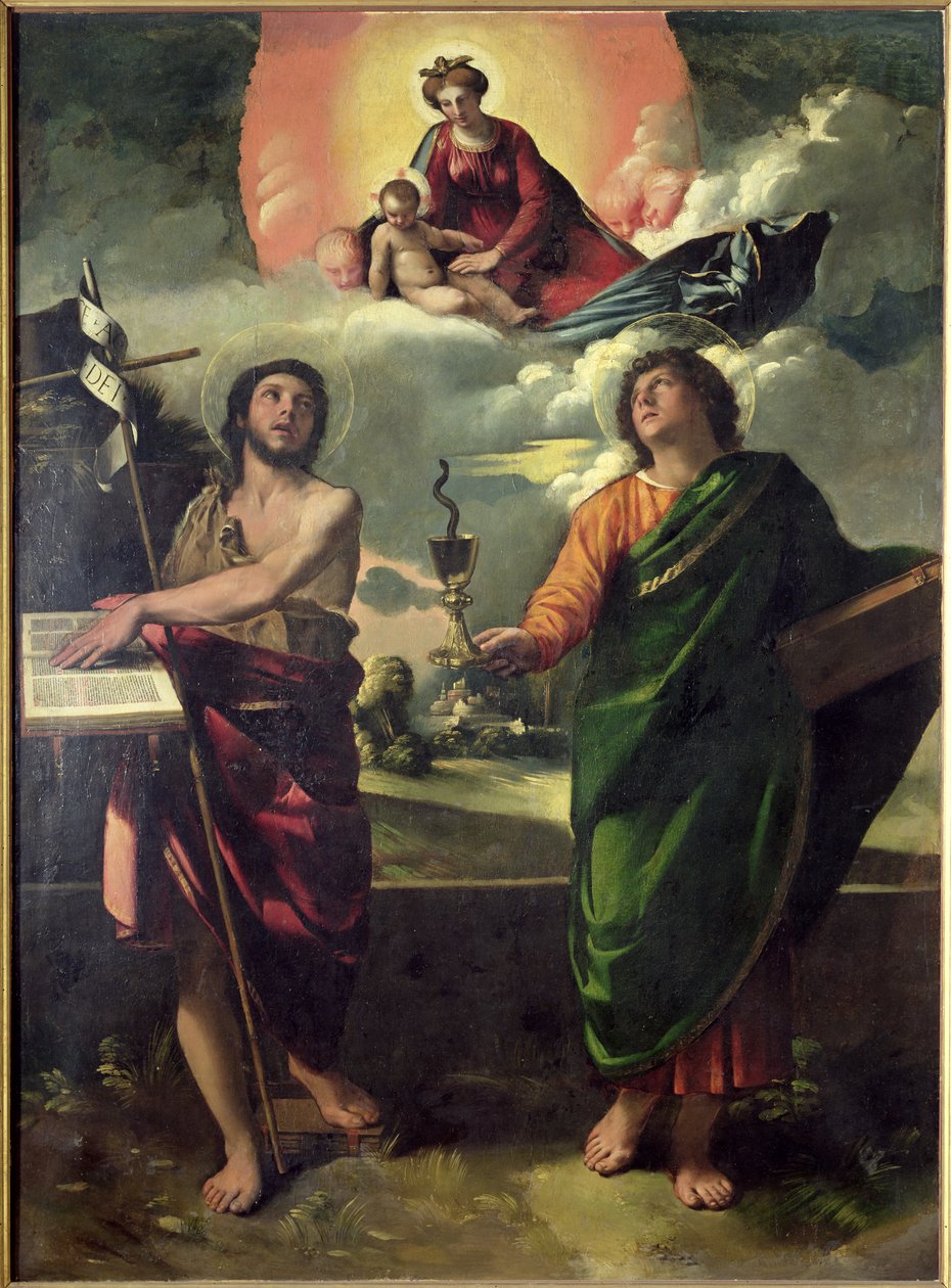 Neitsyen ilmestys pyhille Johannes Kastajalle ja Johannes evankelistalle, 1520-30 tekijältä Dosso Dossi
