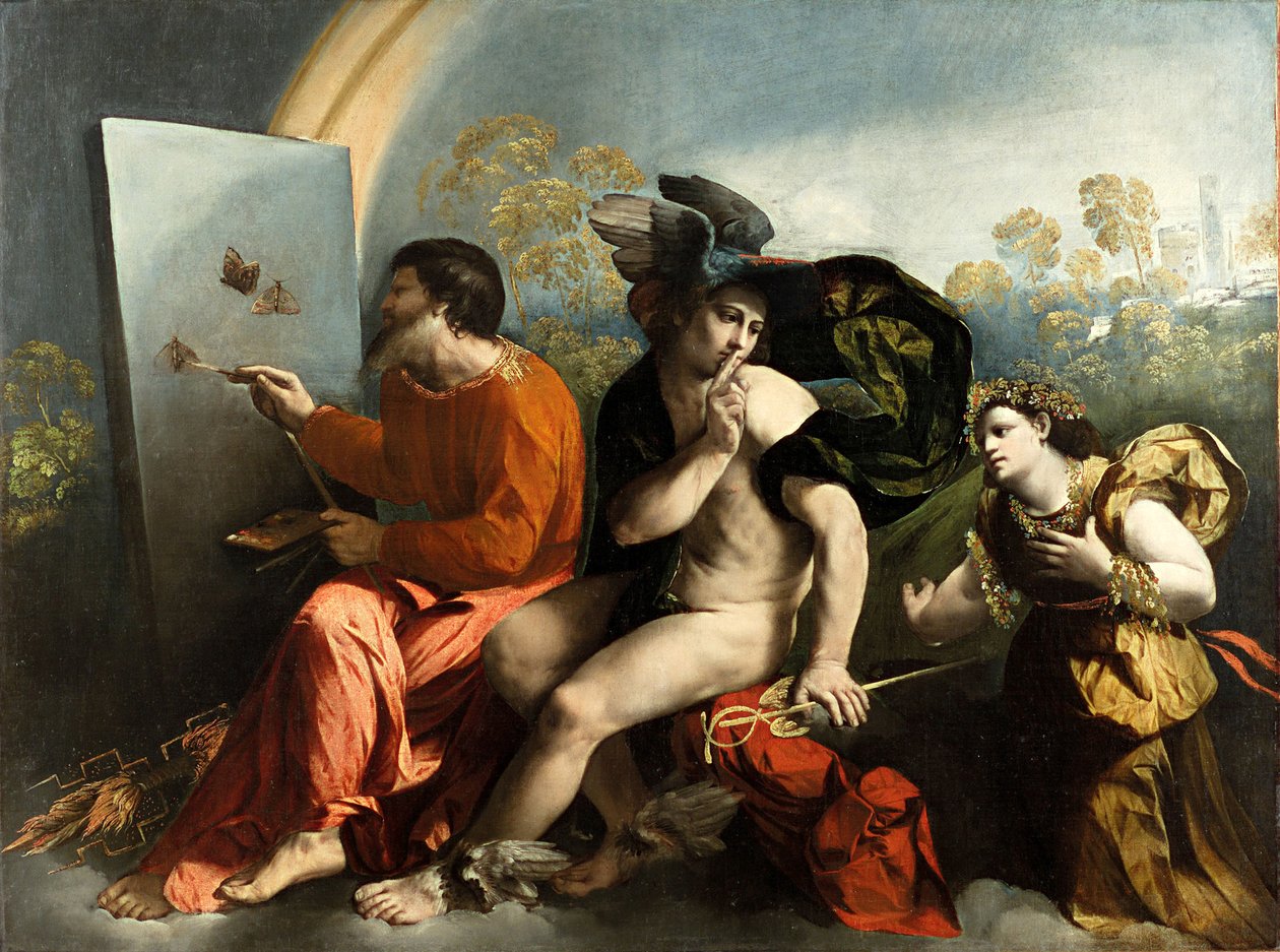 Jupiter, Merkurius ja hyve (Jupiter Painting Butterflies), c. 1524 (öljy kankaalle) tekijältä Dosso Dossi