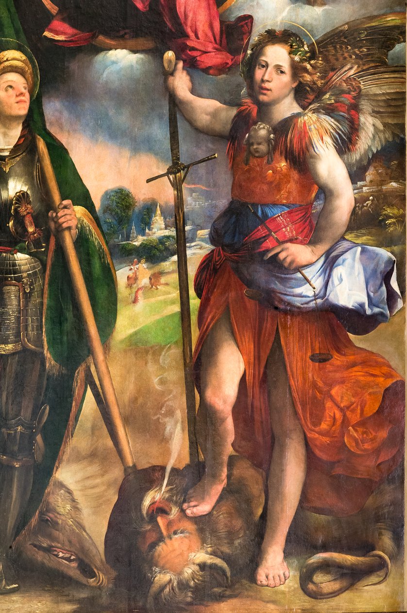Madonna Jeesus-lapsen ja Pyhän Yrjön sekä Pyhän Arkkienkeli Mikaelin kanssa, yksityiskohta numerosta 2384617, n. 1518 (öljy paneelissa) tekijältä Dosso Dossi