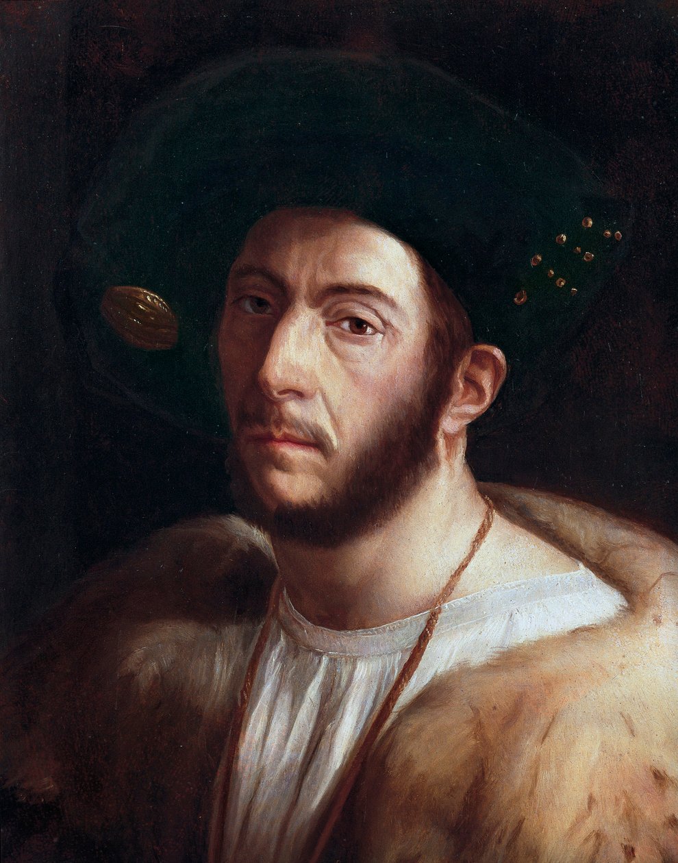 Miehen muotokuva, luultavasti Cesare Borgia (1475-1507), yksityiskohta, 1500-luvun alku (öljy kankaalle) tekijältä Dosso Dossi