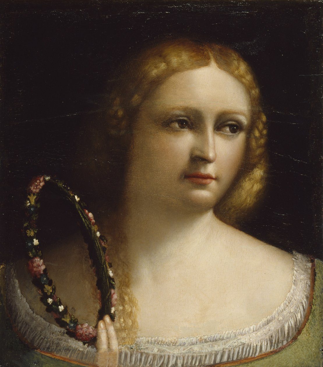 Nainen seppeleen kruunun kanssa, 1520-25 tekijältä Dosso Dossi