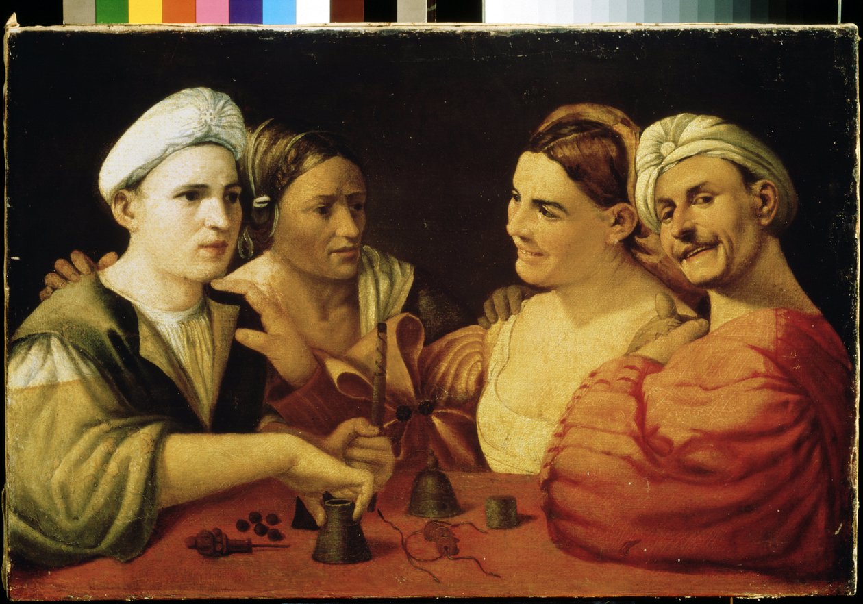 ""illusionistit"" (Loikut) Pari sarlataania, jotka huijaavat uhrejaan taikakuutioilla. Giovanni Luterin maalaus, joka tunnetaan nimellä Dosso Dossi (noin 1486-1542) 1500-luvun Pushkin-museo, Moskova tekijältä Dosso Dossi