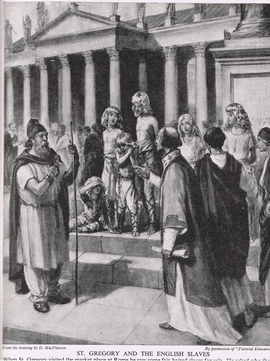 St. Gregory ja englantilaiset orjat, kuvitus teoksesta The Story of the British People, n. 1950 (litho) tekijältä Douglas (after) Macpherson