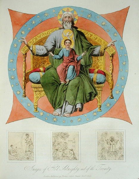 Kaikkivaltiaan Jumalan ja Kolminaisuuden kuvat Moskovan Neitsyt Marian taivaaseenastumisen katedraalista, levy 14 teoksesta "The Character of the Russians and a Detailed History of Moscow", julkaistu 1823 (väriakatintta). tekijältä Dr. Robert Lyall