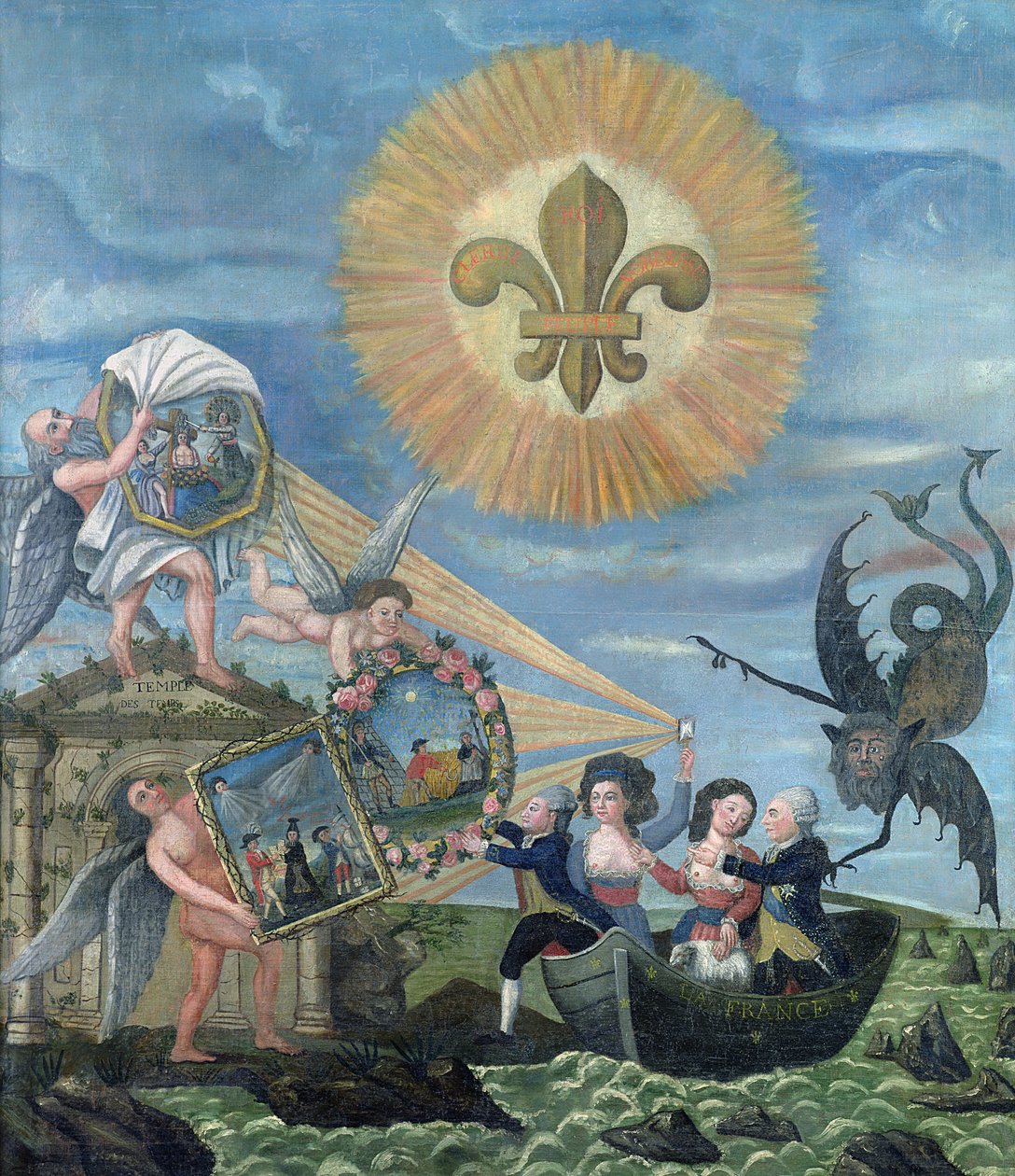 Kansakunnalle omistettu onnentoivo Louis XVI:n (1754-93) kanssa Goodnessin ohjaamana ja Jacques Neckerin (1732-1804) Totuuden ohjaamana, 1789 tekijältä Dubois