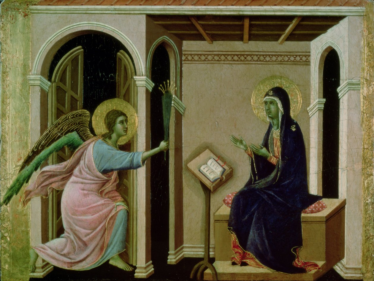 Enkeli, joka ilmoittaa Herran kuolemasta Marialle (tempera paneelille) tekijältä Duccio di Buoninsegna