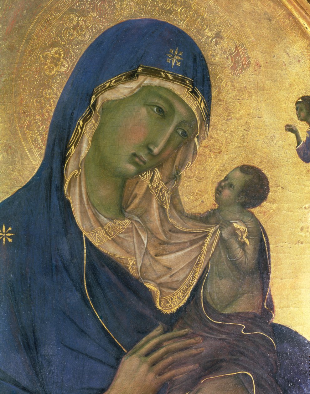 Madonna ja lapsi SS:n kanssa. Dominic ja Aurea, Madonnan ja lapsen yksityiskohta, n. 1315 (tempera paneelissa) (yksityiskohta 28972) tekijältä Duccio di Buoninsegna