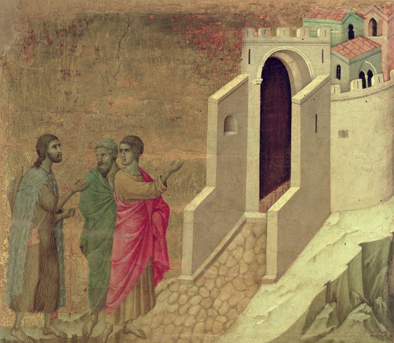 Maesta: Kristus ilmestyy matkalla Emmaukseen, 1308-11 tekijältä Duccio di Buoninsegna