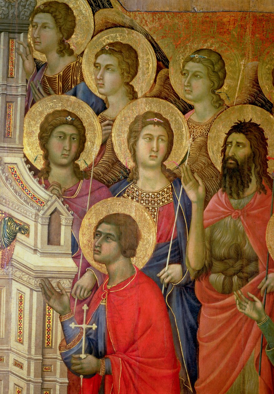 Maesta: Yksityiskohta pyhien, mukaan lukien Pyhä Johannes Kastaja, 1308-11 tekijältä Duccio di Buoninsegna
