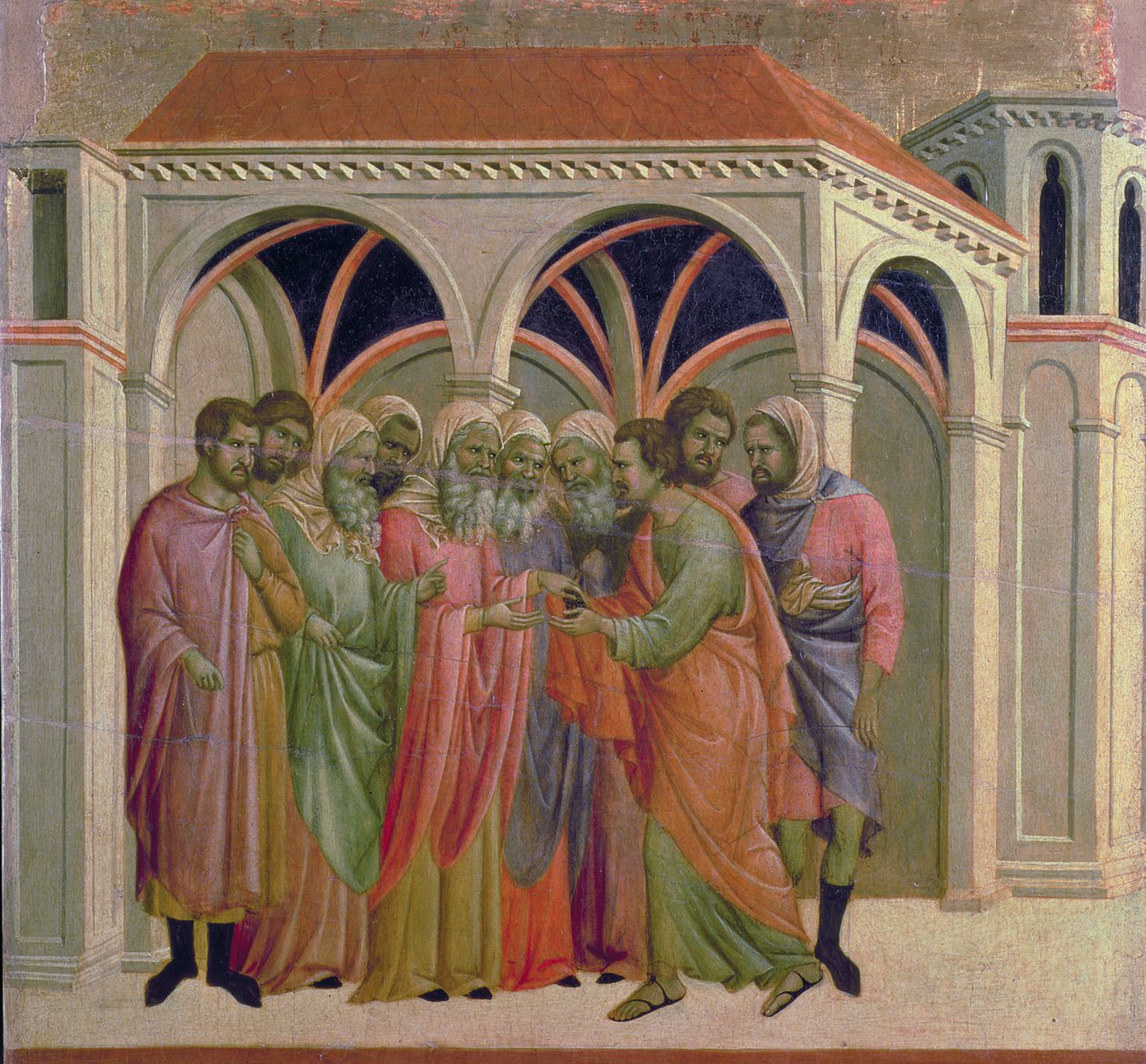 Maesta: Juudas saa kolmekymmentä hopearahaa, 1308-11 tekijältä Duccio di Buoninsegna