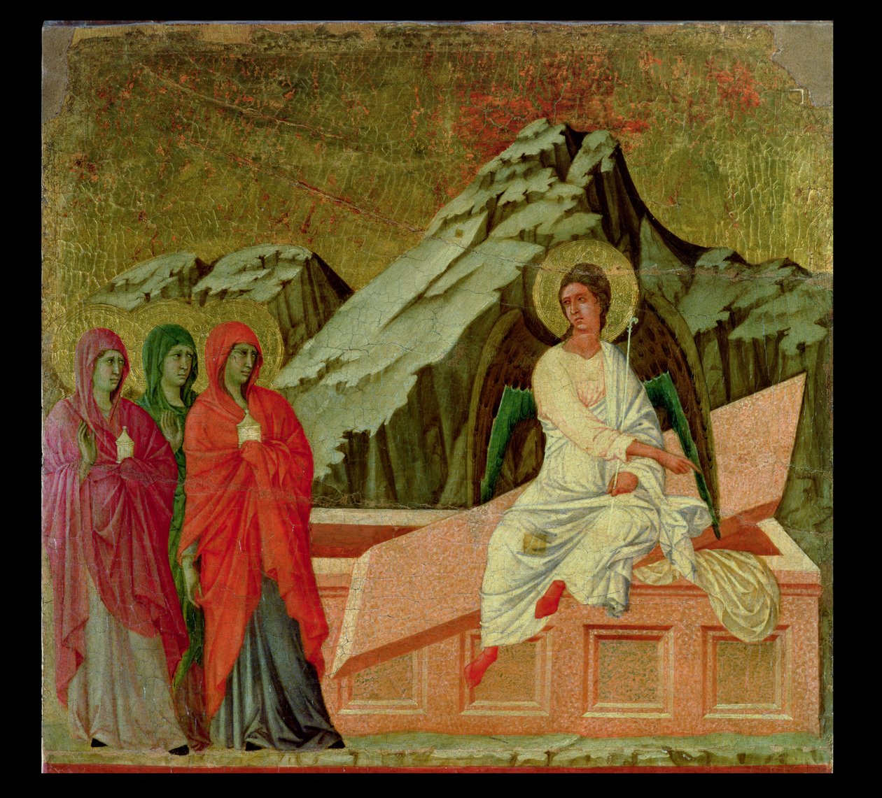 Maesta: Kolme Mariaa Kristuksen haudalla, 1308-11 tekijältä Duccio di Buoninsegna