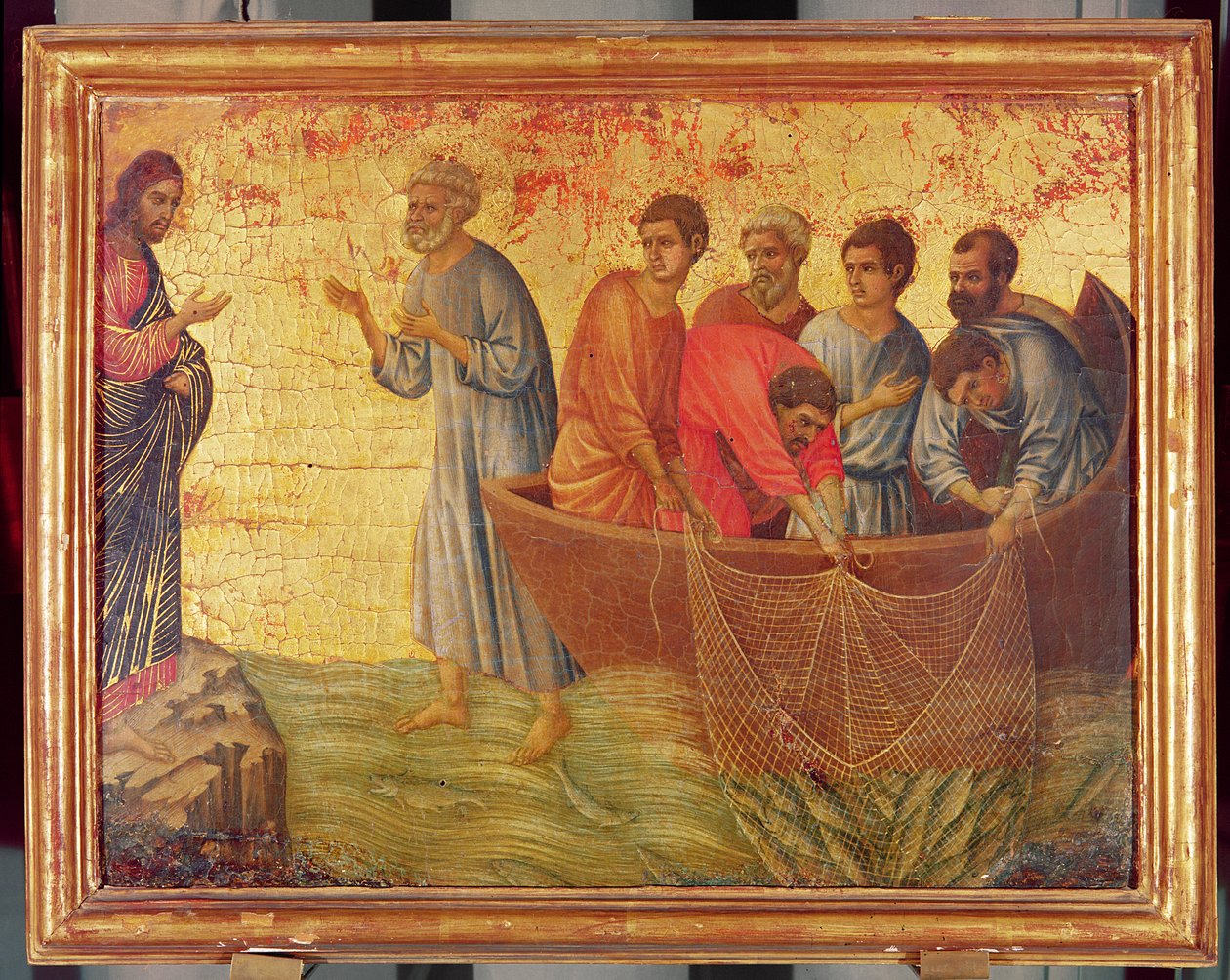 Ilmestys Tiberiade-järvellä, tarinasta Kristuksesta ylösnousemuksen jälkeen, Maesta-alttaritaulun verso, valmistunut 1311 (tempera paneelissa) tekijältä Duccio di Buoninsegna