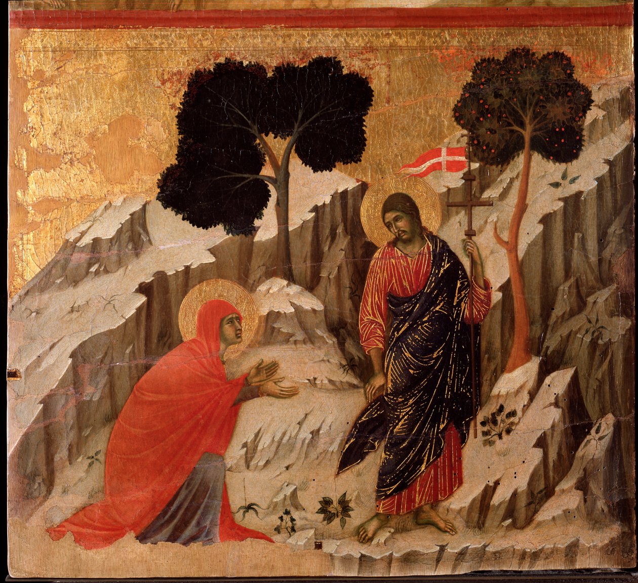 Jeesuksen ilmestyminen Maria Magdaleenalle ylösnousemuksen jälkeen. Maesta-alttaritaulu (tempera ja kulta puulla tekijältä Duccio di Buoninsegna