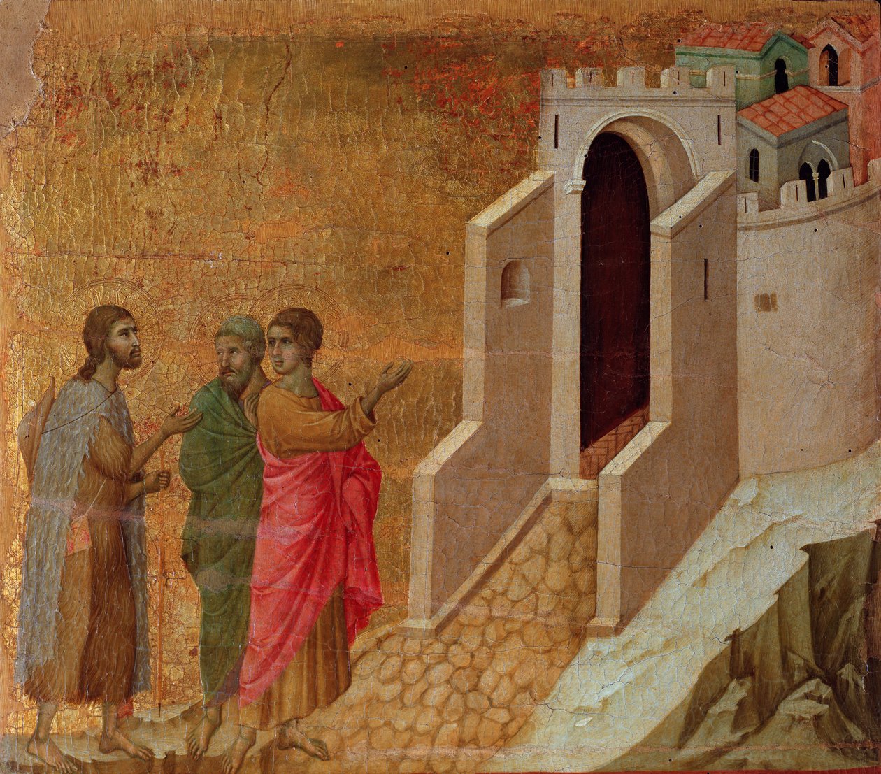 Kristus ja pyhiinvaeltajat Emmauksen kaupungin porteilla. Maesta-alttaritaulu (tempera ja kulta puulla tekijältä Duccio di Buoninsegna