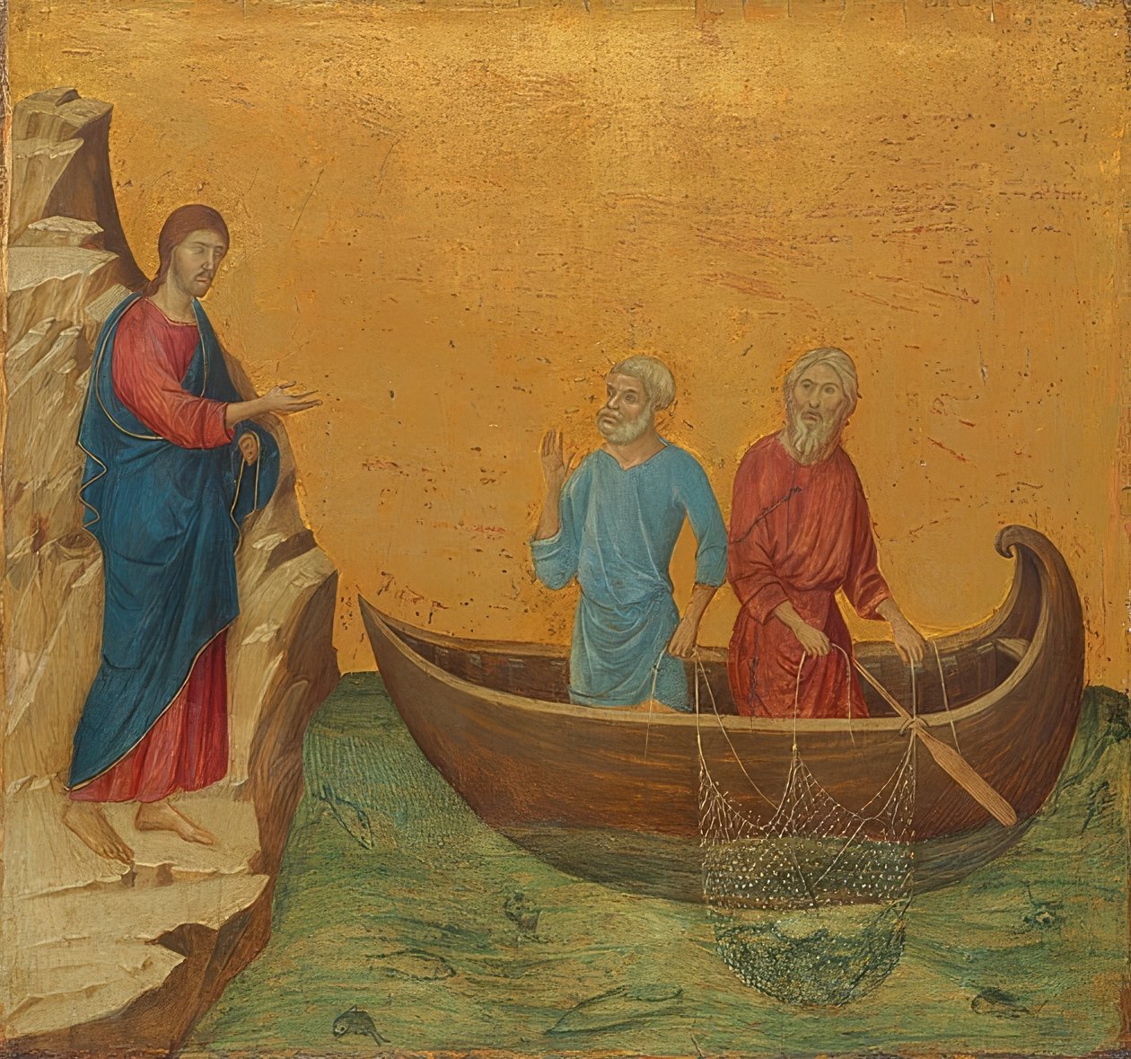 Ihana kalastusmatka ja apostolien Pietarin ja Andreaksen kutsumus. 1308-11 tekijältä Duccio di Buoninsegna