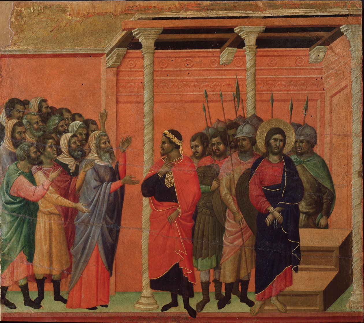 Fariseukset syyttivät Jeesusta. Maesta-alttaritaulu (tempera ja kulta puulla tekijältä Duccio di Buoninsegna