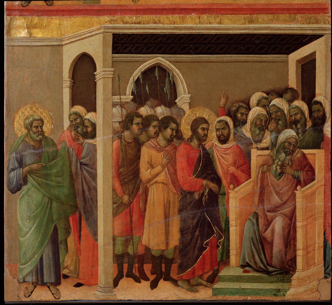 Jeesus Kaifaan edessä. Maesta-alttaritaulu (tempera ja kulta puulla tekijältä Duccio di Buoninsegna