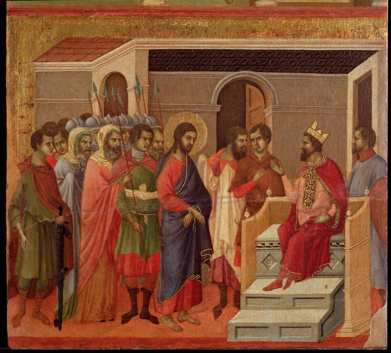 Jeesus Herodeksen edessä. Maesta-alttaritaulu (tempera ja kulta puulla tekijältä Duccio di Buoninsegna
