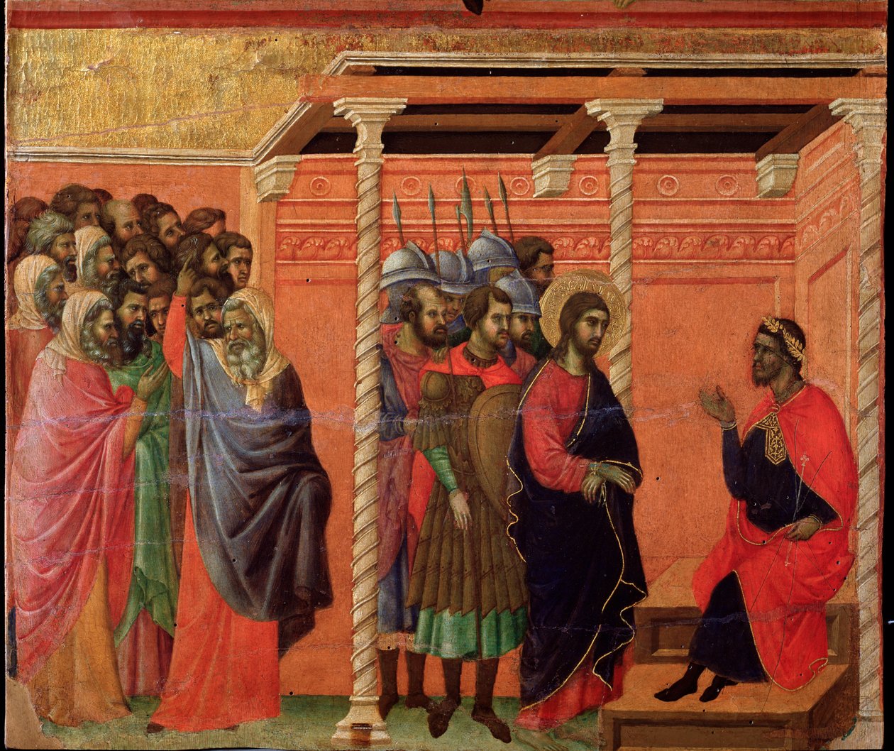 Jeesus Pontius Pilatuksen edessä. Maesta-alttaritaulu (tempera ja kulta puulla tekijältä Duccio di Buoninsegna