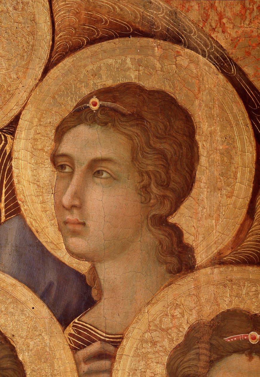 La Maesta Yksityiskohta "" Neitsyt ja lapsi valtaistuimella"" tekijältä Duccio di Buoninsegna