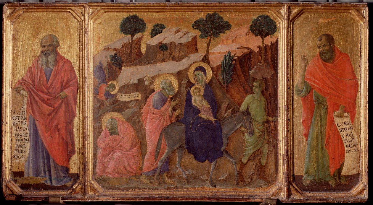 Kristuksen elämä: Pakene Egyptiin profeettojen Jeremian ja Hoosean kanssa. Predella of the Maesta (tempera puulla tekijältä Duccio di Buoninsegna
