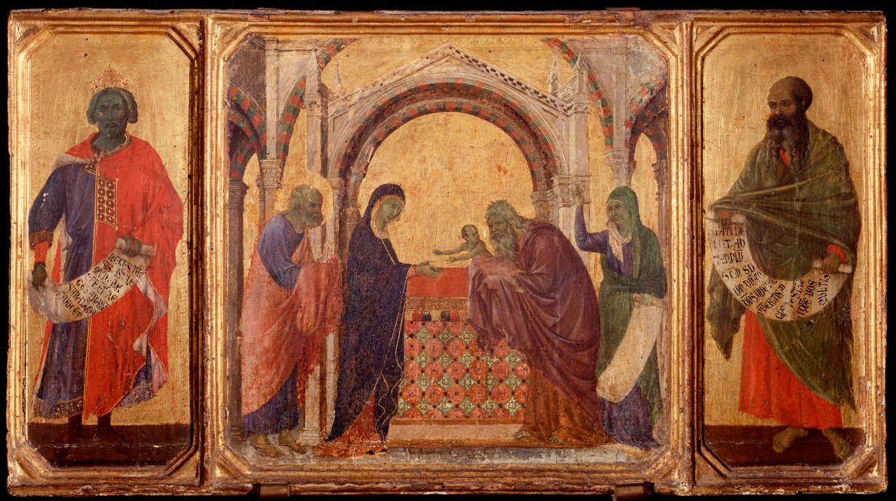 Kristuksen elämä: Kuningas Salomo, esittely temppelissä, Malakia. Predellla of La Maesta (tempera puulla tekijältä Duccio di Buoninsegna
