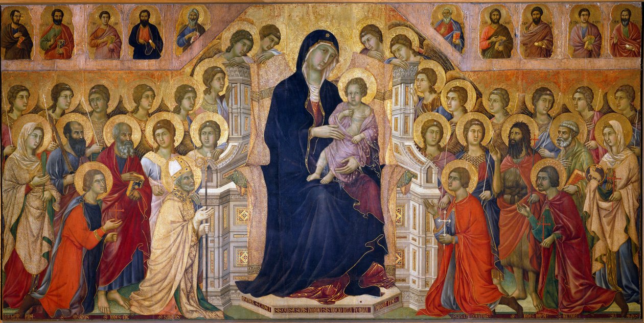 Maesta Madonnan lapsen valtaistuimella pyhimykset ja enkelit kunnioittavat. Keskipaneeli. Fresko Duccio di Buoninsegna (1255-1319) tekijältä Duccio di Buoninsegna