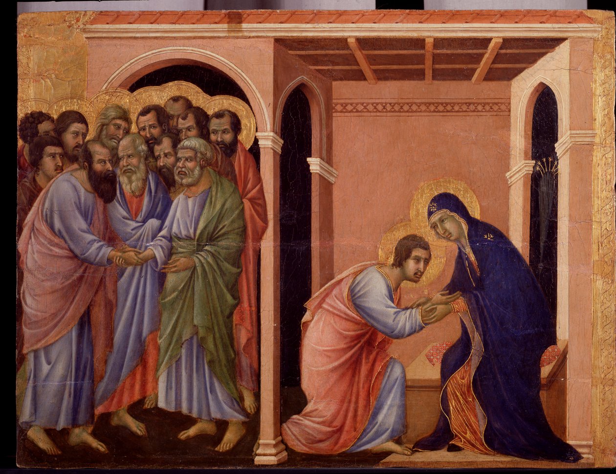 Maria hyväksyy Johanneksen, ulkopuolelta apostolit Pietari ja Paavali kättelevät. Yksityiskohta Maesta (tempera ja kulta puulla tekijältä Duccio di Buoninsegna