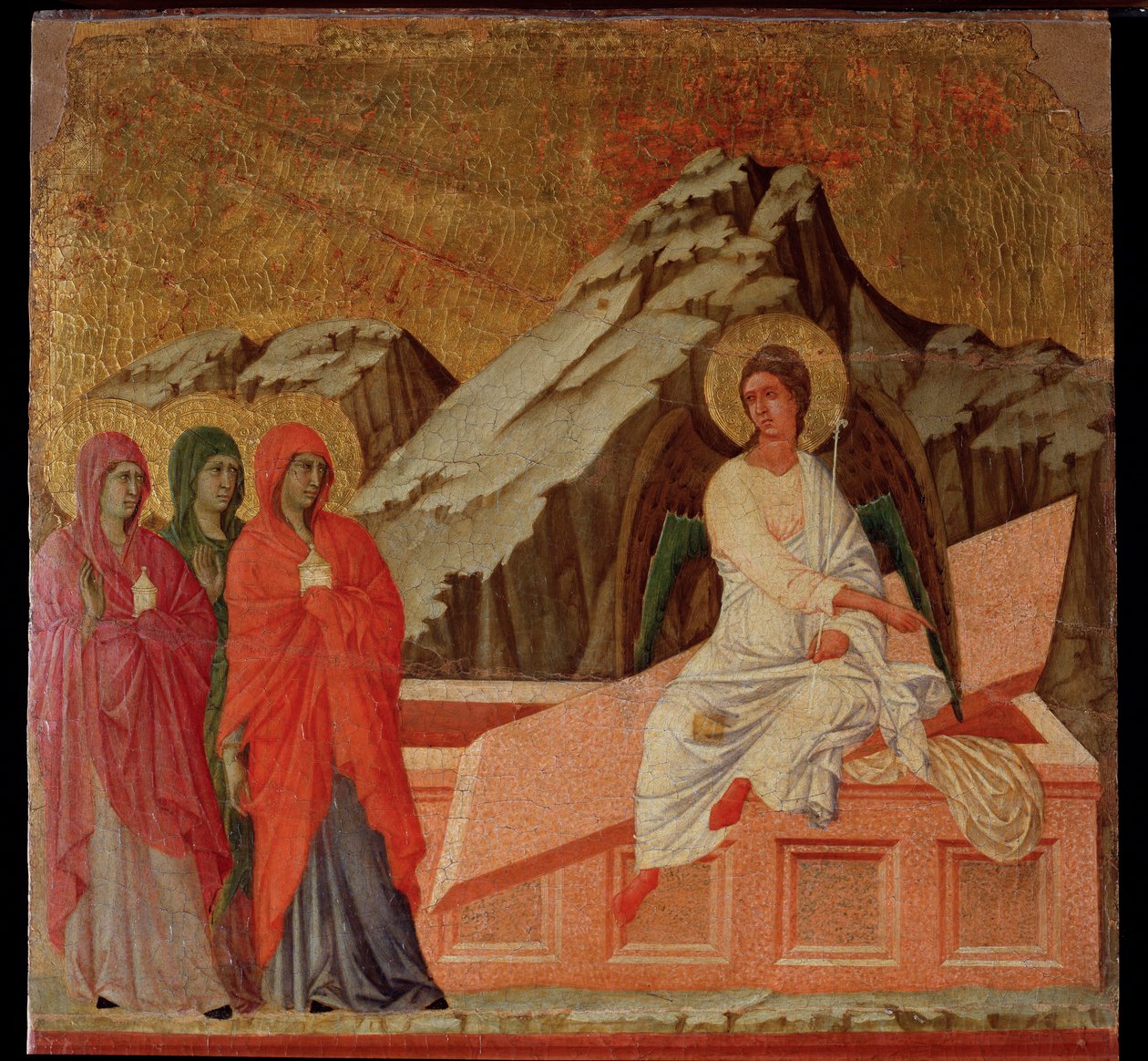 Intohimo: Mariat haudalla. Maesta-alttaritaulu (tempera ja kulta puulla tekijältä Duccio di Buoninsegna