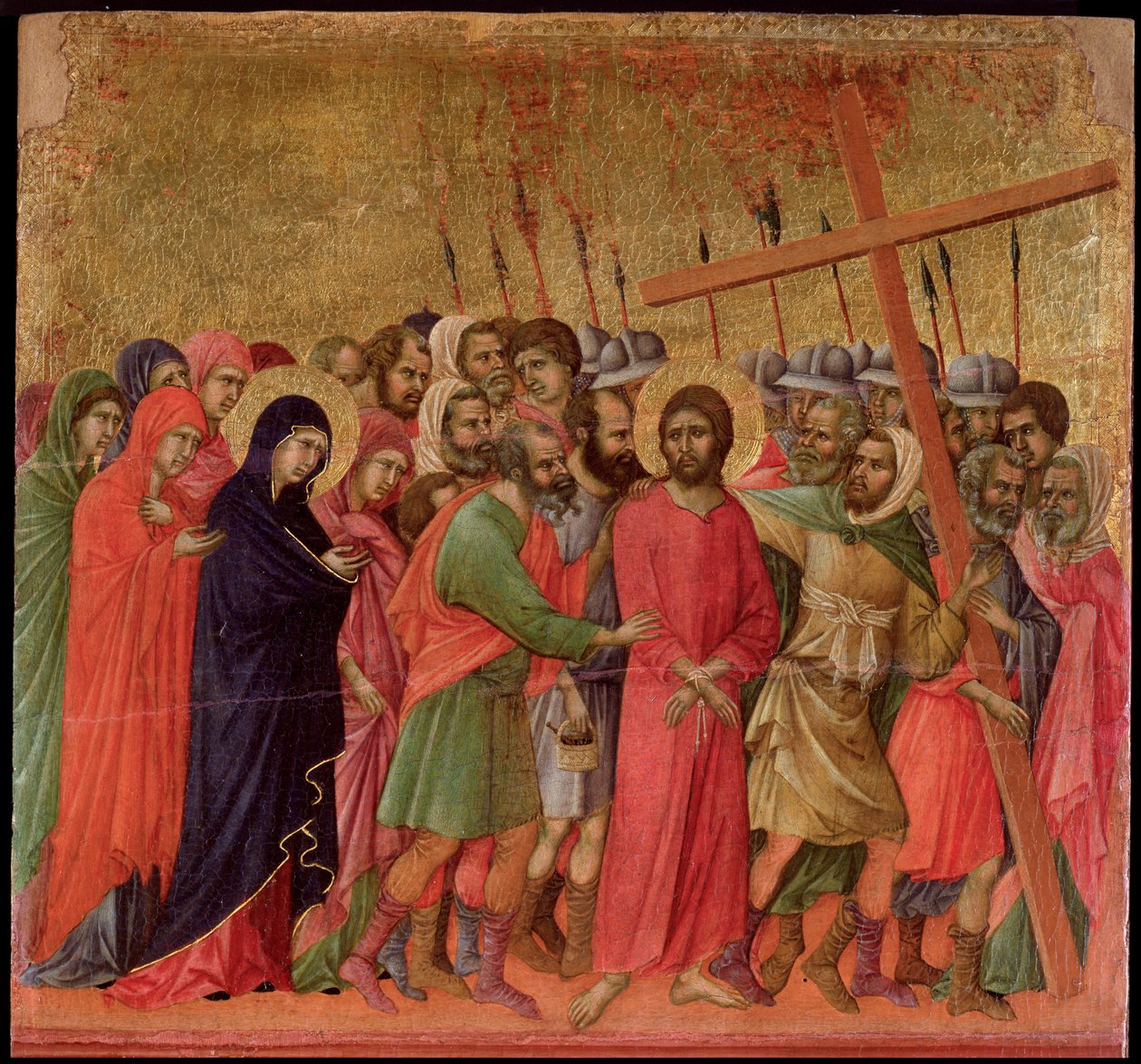 Intohimo: nousu Golgatalle. Maesta-alttaritaulu (tempera ja kulta puulla tekijältä Duccio di Buoninsegna