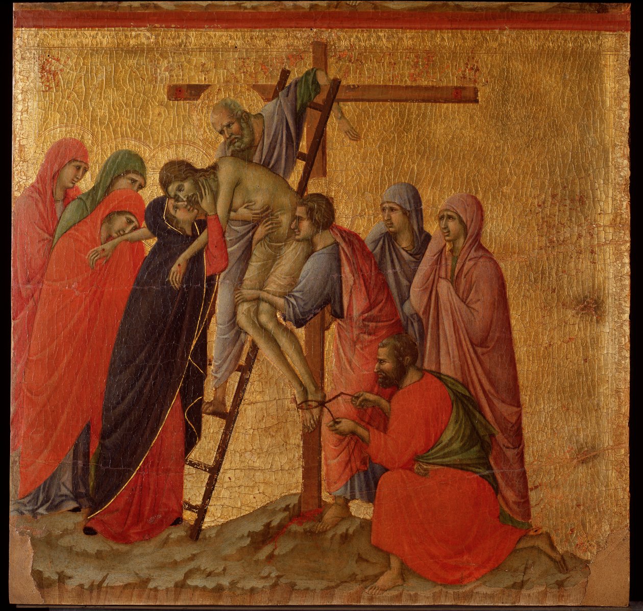 Intohimo: laskeuma. Maesta-alttaritaulu (tempera ja kulta puulla tekijältä Duccio di Buoninsegna