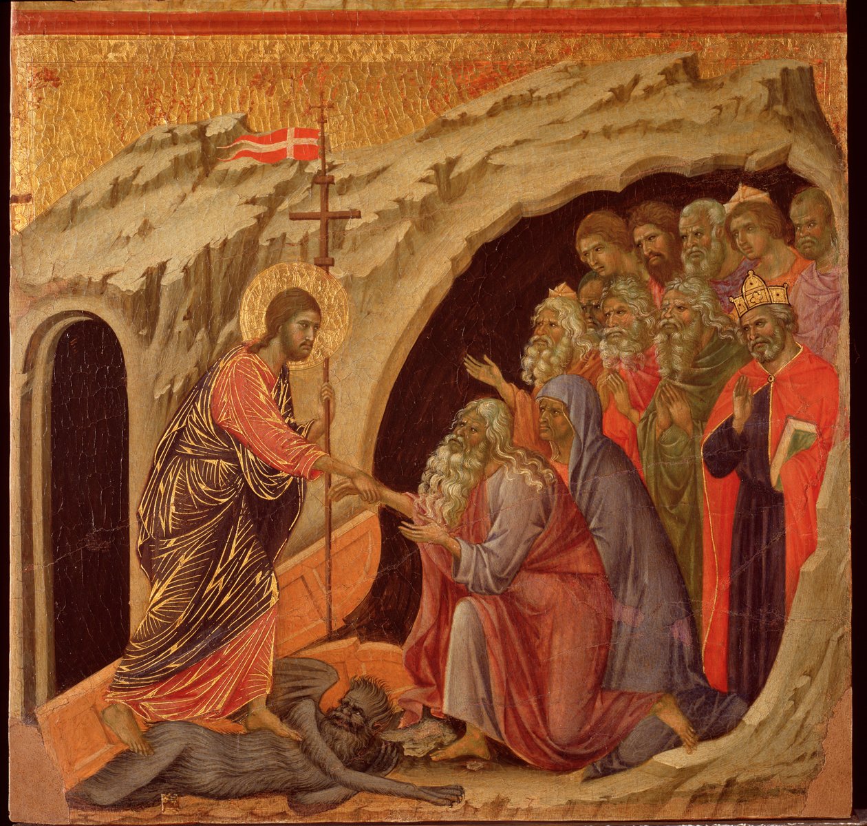 Intohimo: laskeutuminen epävarmuuteen. Maesta-alttaritaulu (tempera ja kulta puulla tekijältä Duccio di Buoninsegna