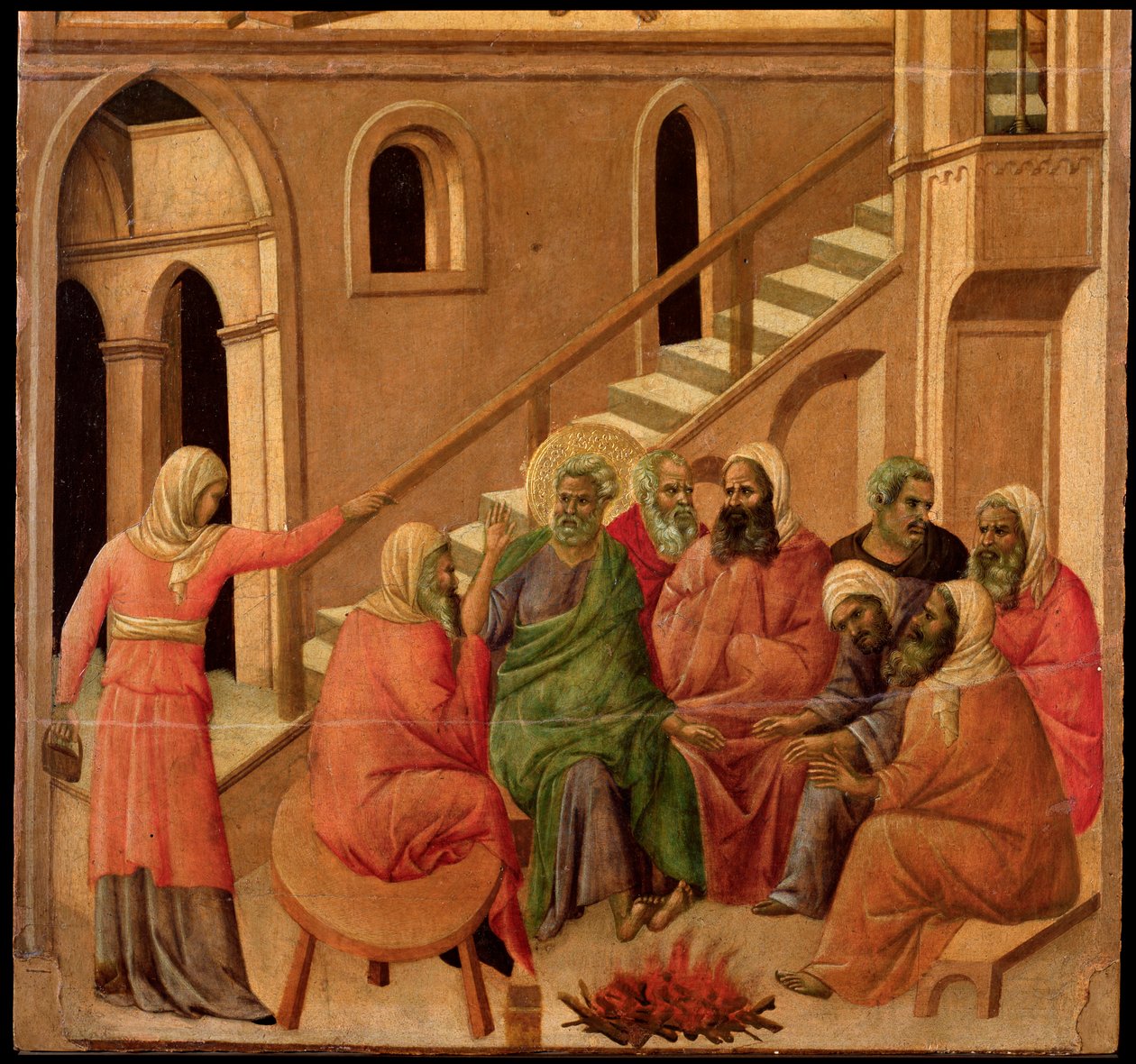 Pietarin kieltäminen. Maesta-alttaritaulu (tempera ja kulta puulla tekijältä Duccio di Buoninsegna