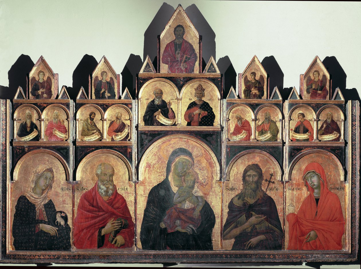 Polyptyykki nro 47 - st Agnese, pyhä Johannes, neitsyt lapsen kanssa, pyhä Johannes Kastaja ja pyhä Maria Magdaleena - tempera taulussa tekijältä Duccio di Buoninsegna