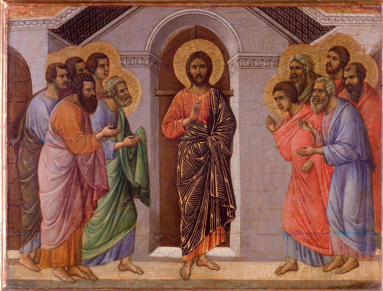 Ylösnoussut Jeesus ilmestyy apostoleille. Maesta-alttaritaulu (tempera ja kulta puulla tekijältä Duccio di Buoninsegna