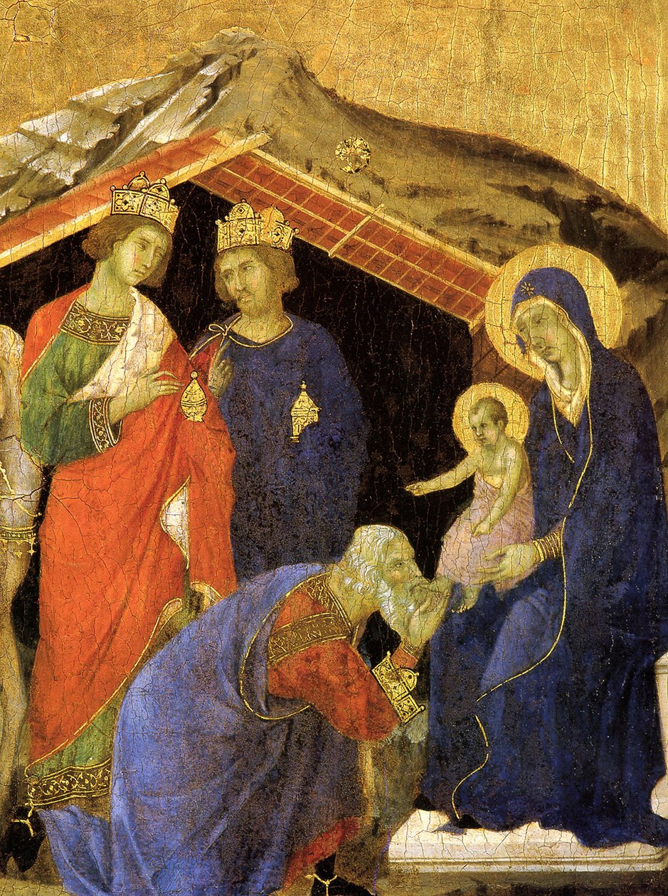 Taikaiden palvonta. Yksityiskohta Maesta-alttaritaulusta, noin 1308-1311 tekijältä Duccio di Buoninsegna