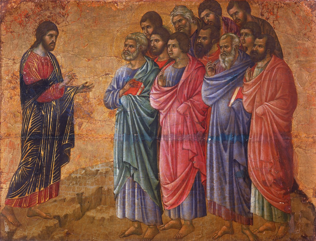 Kristuksen ilmestyminen vuorelle Galileassa, yksityiskohta Kristuksen kärsimyksen ja ylösnousemuksen jaksoista, Duccio di Buoninsegnan (noin 1255 - ennen 1319) Sienan katedraalin Duccion alttaritaulun kääntöpuoli, tempera puulla tekijältä Duccio di Buoninsegna