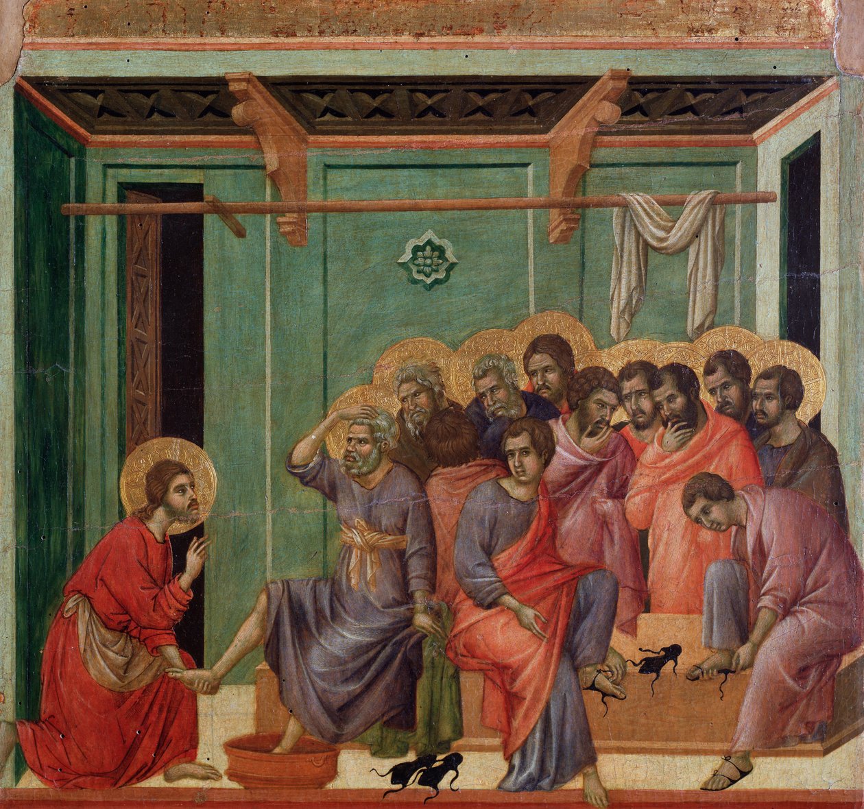 Jalkojen pesu. Yksityiskohta Maesta (tempera puulla tekijältä Duccio di Buoninsegna