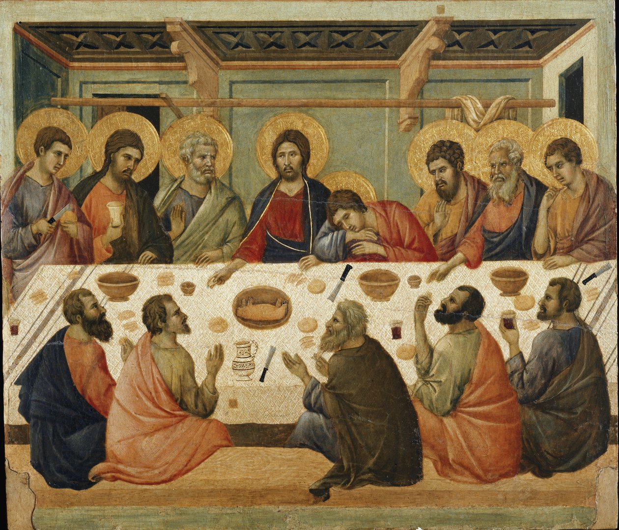 Herran ehtoollinen. Maesta-alttaritaulun takaosa tekijältä Duccio di Buoninsegna