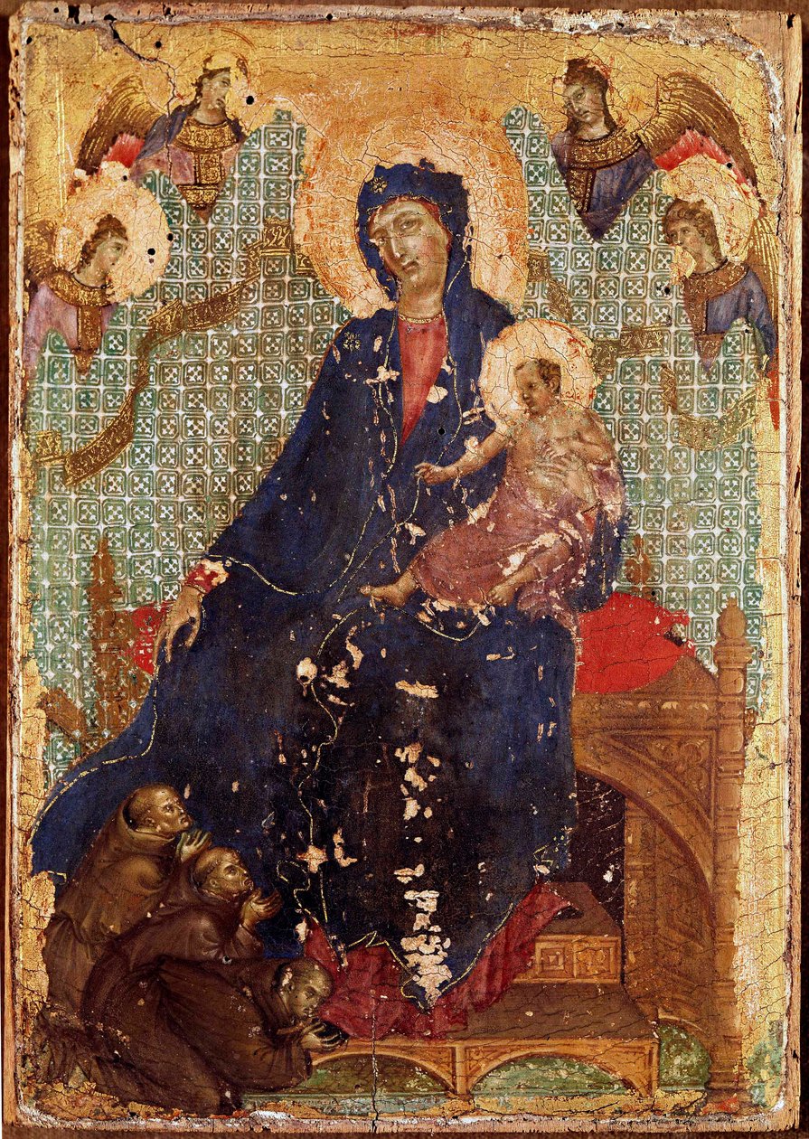 Fransiskaanien Madonna tai "" Madonnalla on lapsi fransiskaanimunkkien ja enkelien kanssa"" Detrempe puulla kirjoittanut Duccio di Buoninsegna (1255-1318/9) 1300 Dim. 23,5x16 cm Siena, Pinacoteca nazionale tekijältä Duccio di Buoninsegna