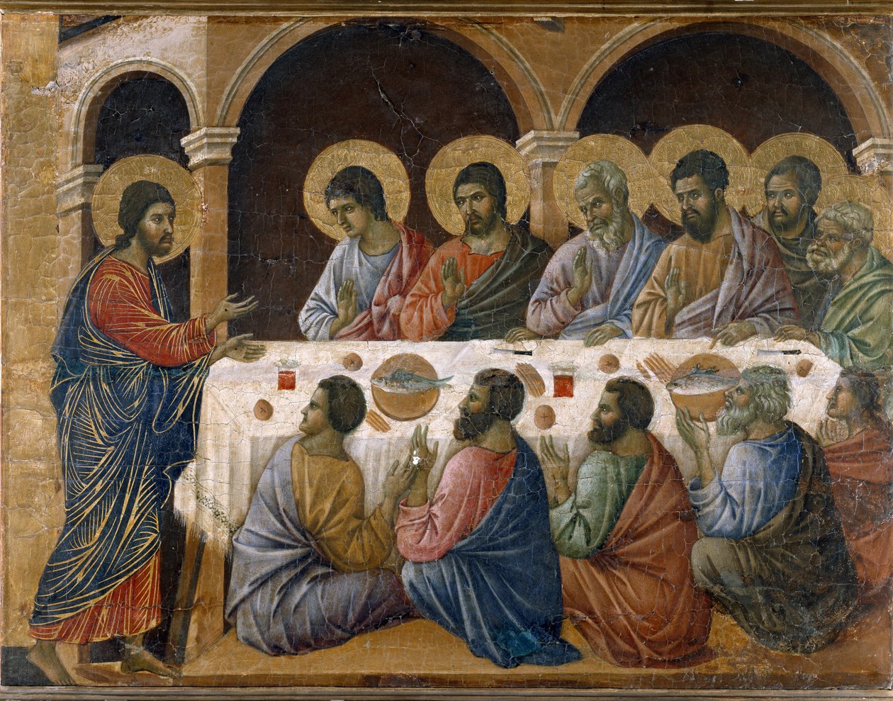 Kristuksen kärsimys - alttaritaulun takaosa. Öljy paneelissa tekijältä Duccio di Buoninsegna