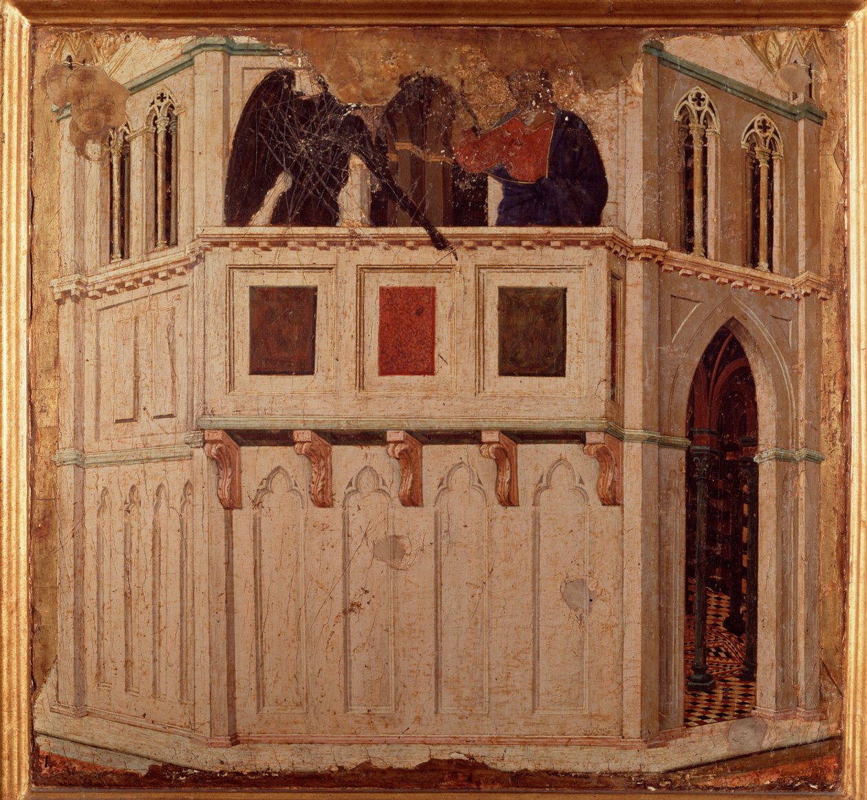 Kiusaus temppelissä. Alttaritaulu (tempera ja kulta puulla tekijältä Duccio di Buoninsegna