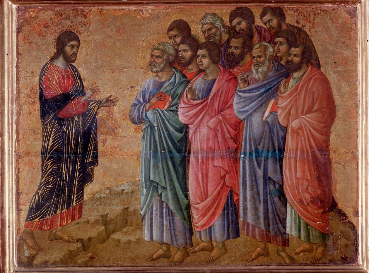 Ylösnousseen Kristuksen ilmestyminen Galilean vuorille. Maesta-alttaritaulu (tempera ja kulta puulla tekijältä Duccio di Buoninsegna