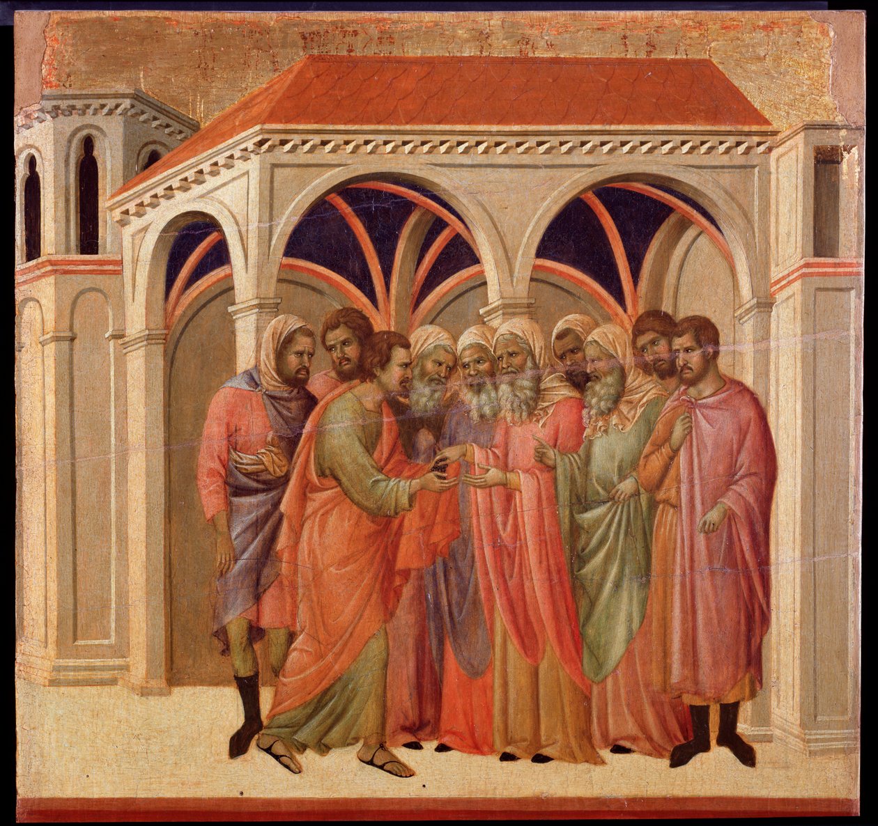 Juudaksen pettäminen. Maesta-alttaritaulu (tempera ja kulta puulla tekijältä Duccio di Buoninsegna