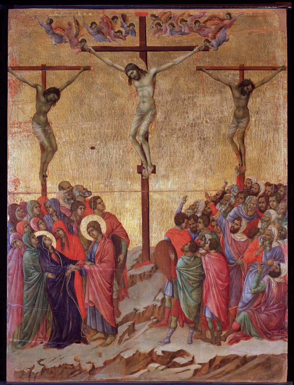 Ristiinnaulitseminen. Sivuilla hyvä varas (Dismas) ja katumaton varas (Gestas). Maesta-alttaritaulu (tempera ja kulta puulla tekijältä Duccio di Buoninsegna